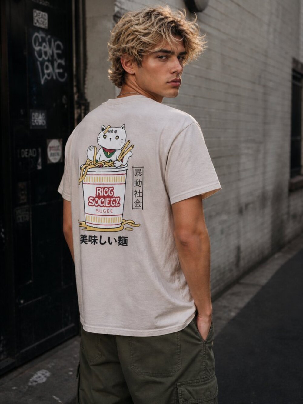 RIOT SOCIETY UO Sugee Cat Ramen Graphic Tee S Black Japan Anime Skater StreeT